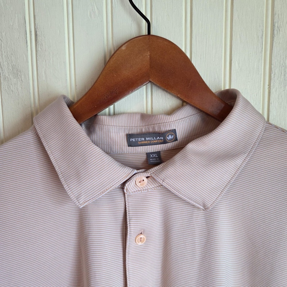 Peter Millar Summer Comfort Polo‎ Shirt Mens 2XL Beige Stripe Jersey Knit Top